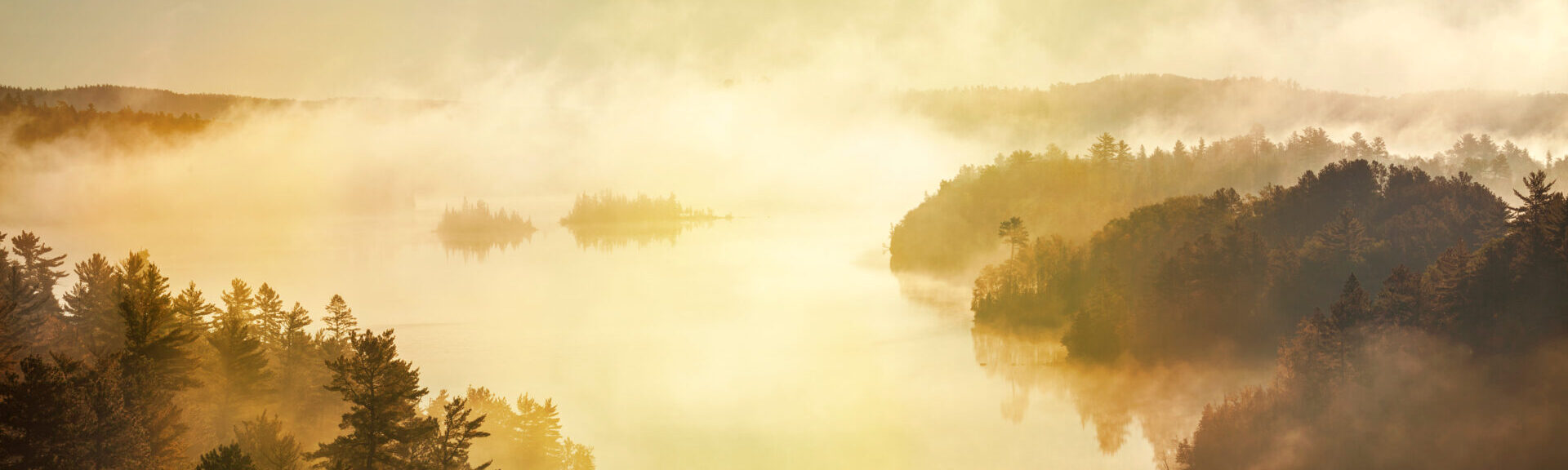 High Angle View Of Misty Lake And Pine Trees At Sunrise In The Boundary Waters Of Minnesota